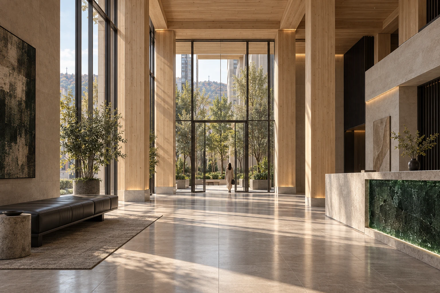 Concept lobby with a double-height timber frame, limestone surfaces and a green glass reception desk.