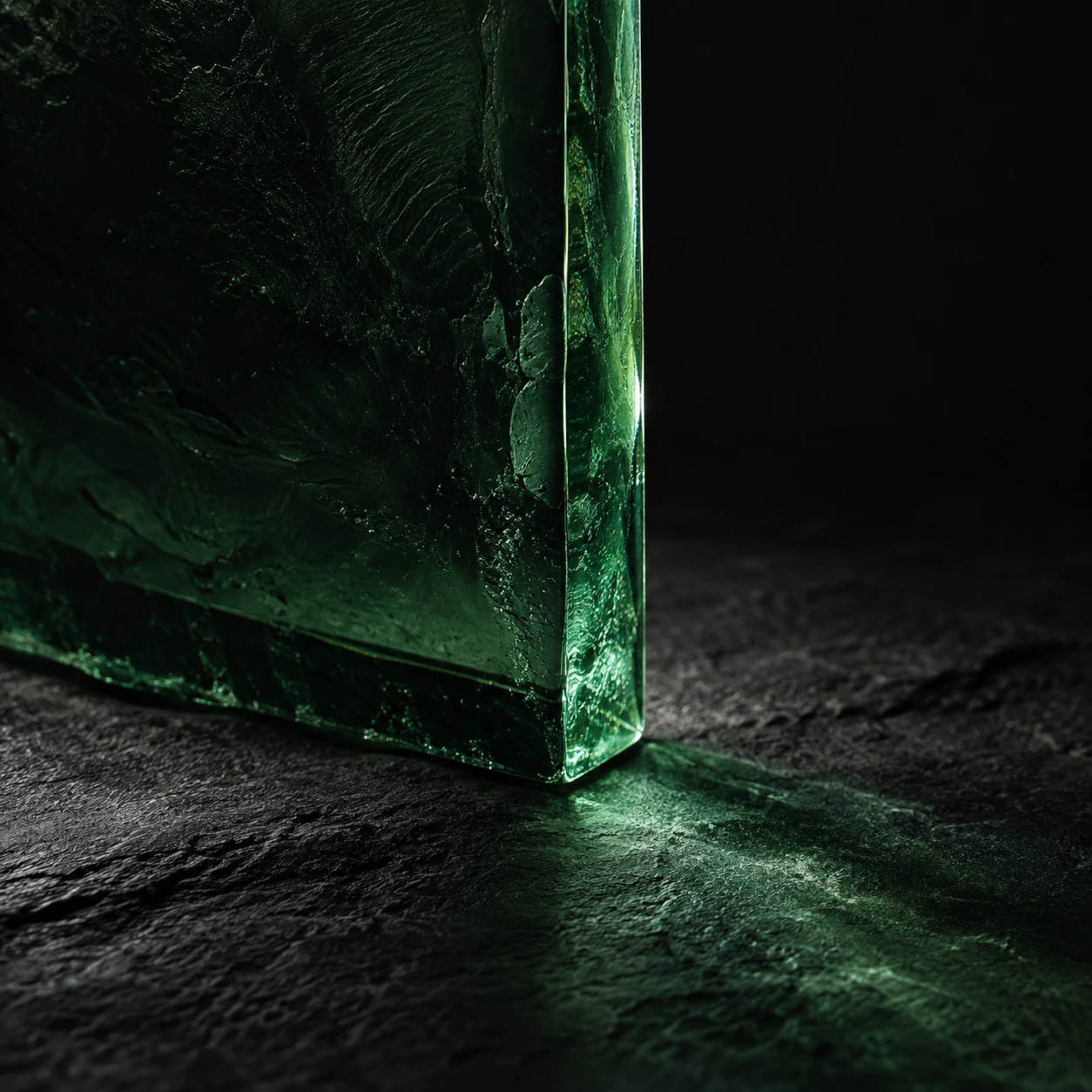 Sculptural green glass with a textured surface on dark stone.
