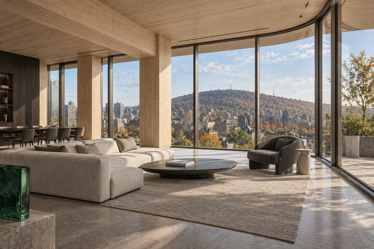 Architectural concept of a refined timber residence with curved glazing overlooking a green city landscape.
